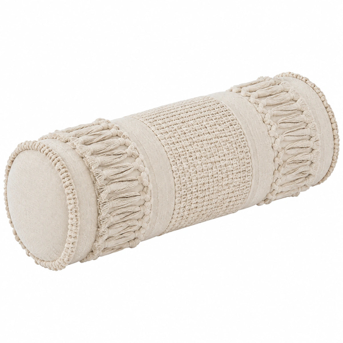 Cojín cilíndrico 45 x 15 cm de tejido beige con flecos estilo bohemio