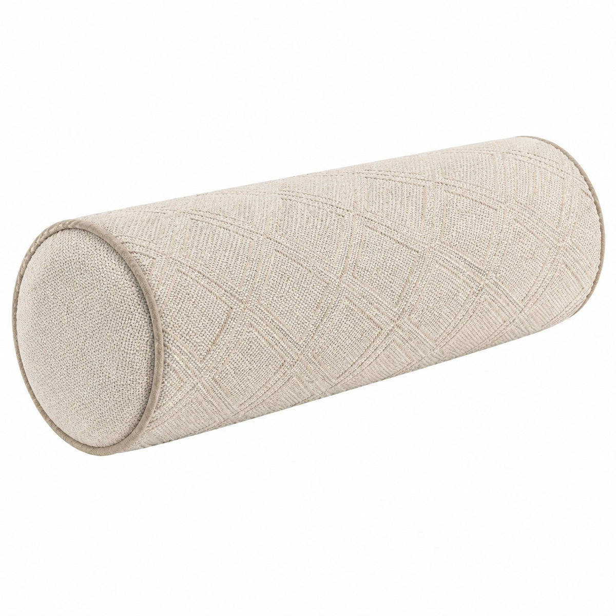 Cojín cilíndrico 15 x 50 cm de tejido beige con relieve geométrico decorativo