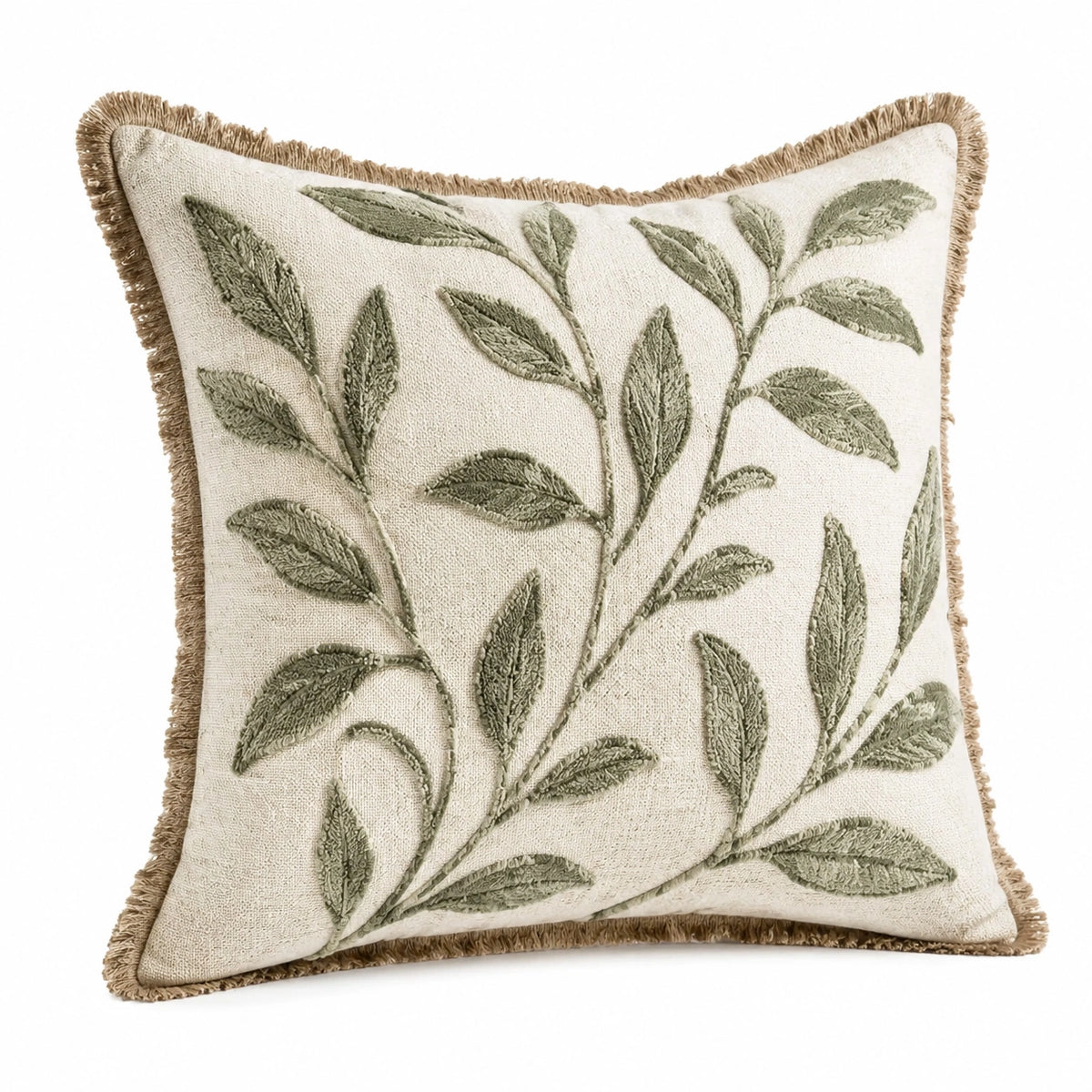 Cojín decorativo 45 cm de tejido beige y verde con bordado vegetal y flecos