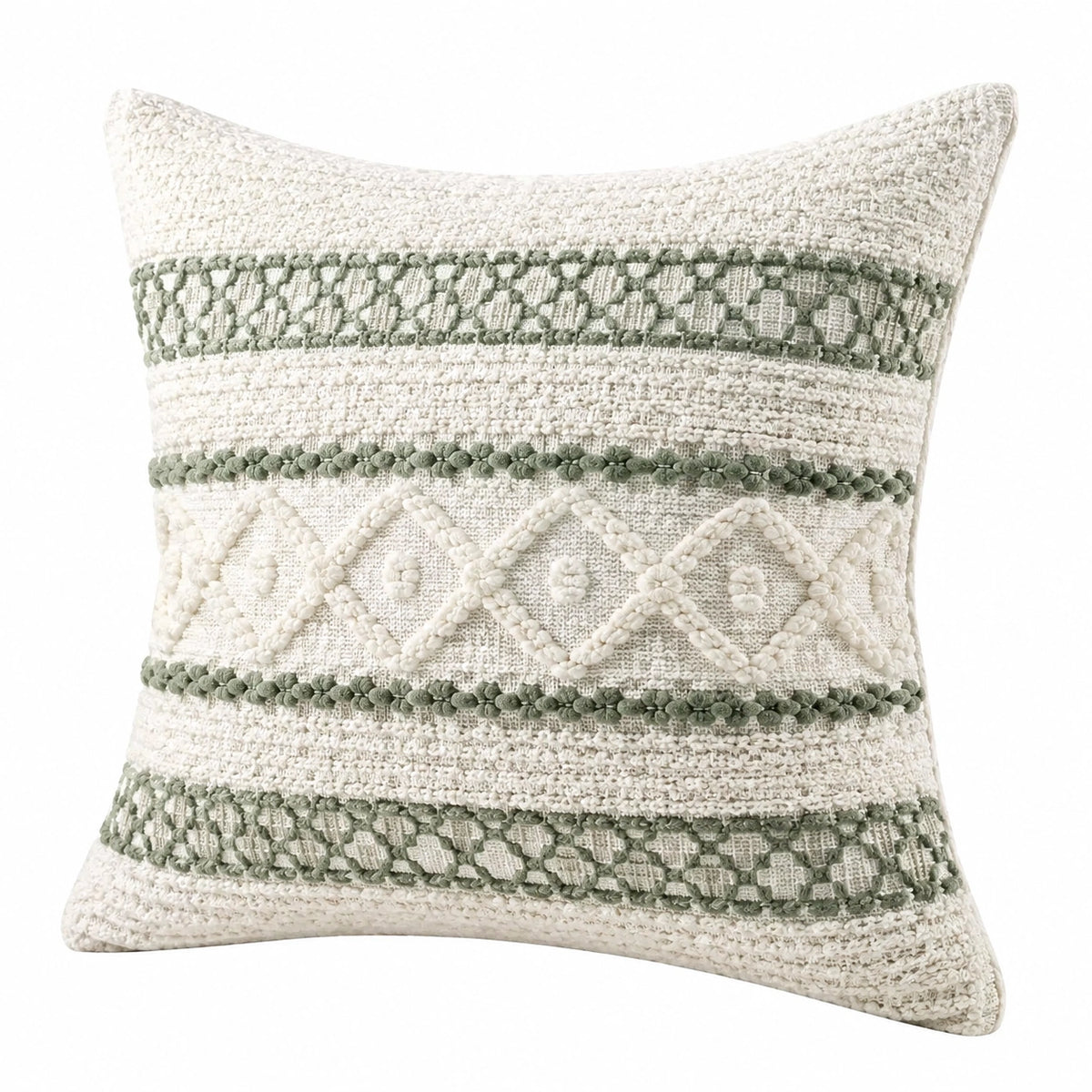 Cojín decorativo 45 x 45 cm de tejido beige y verde para sofá estilo bohemio