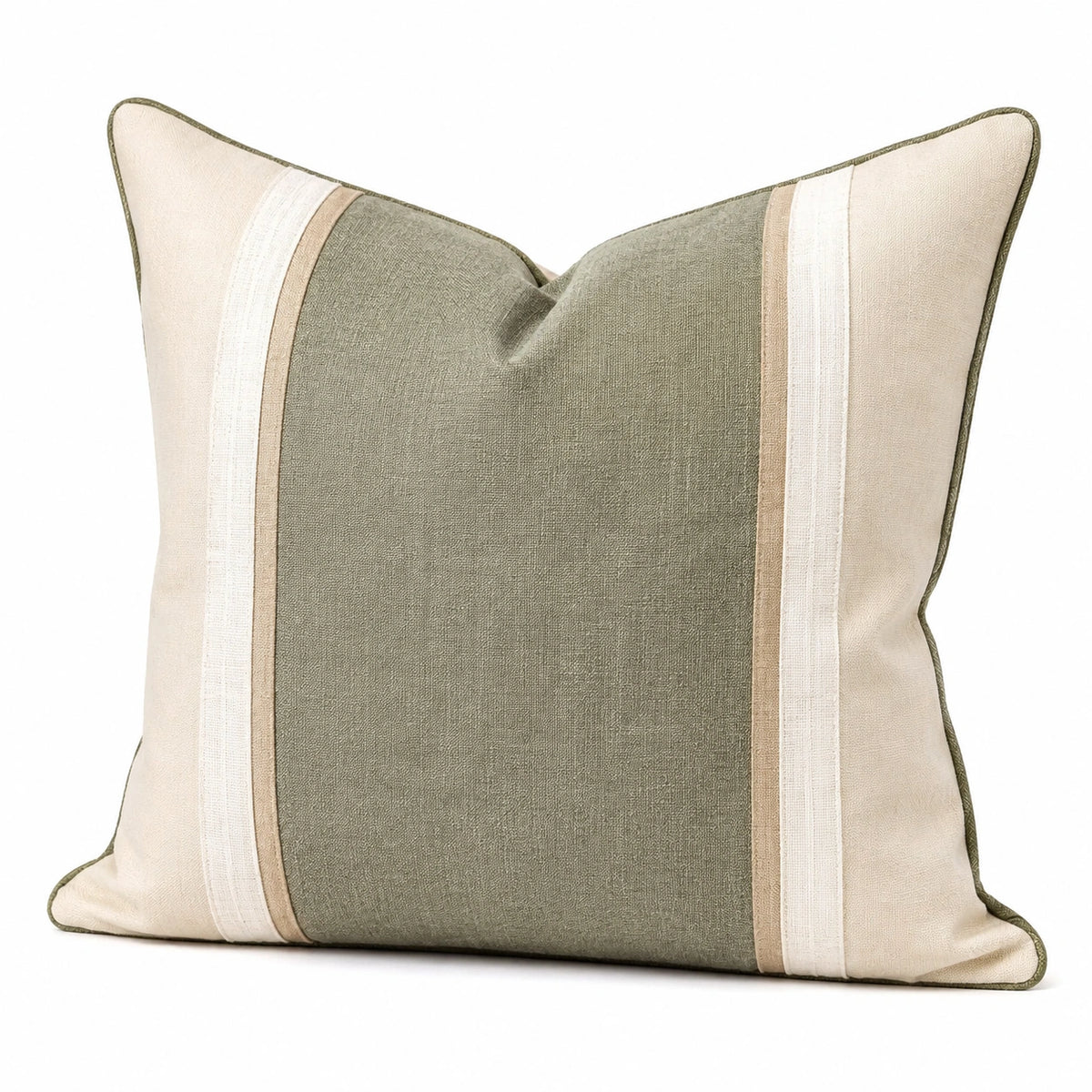 Cojín decorativo cuadrado 45 cm de tela verde y beige con ribete - estilo contemporáneo