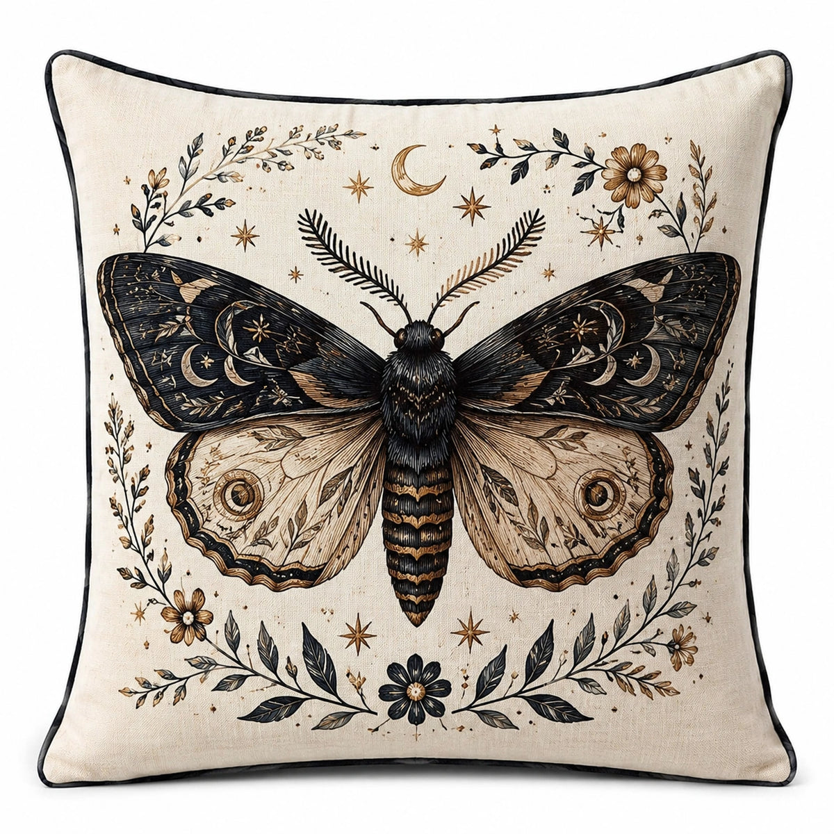 Cojín decorativo cuadrado 45 cm con funda beige estampada de polilla estilo botánico