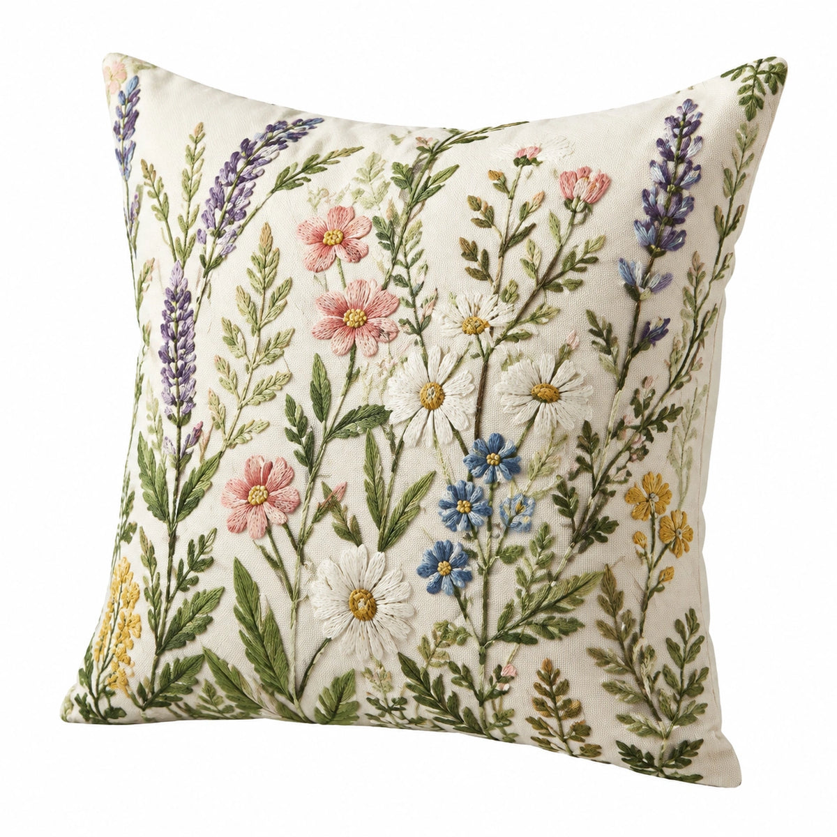 Cojín decorativo cuadrado 45 x 45 cm de tejido beige con bordado floral para sofá estilo campestre