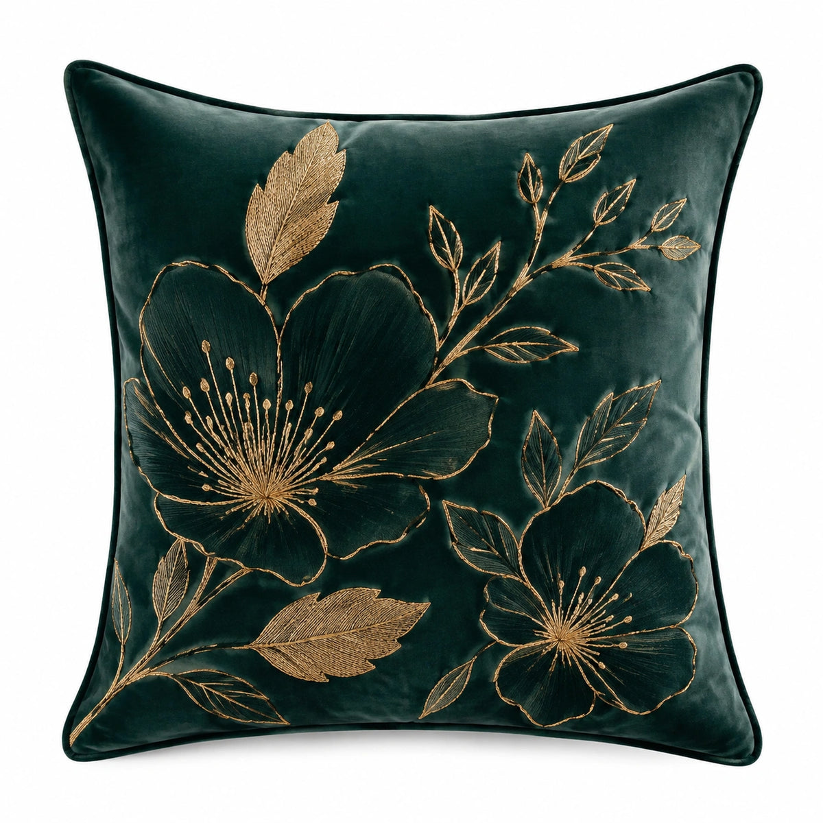 Cojín decorativo 45 x 45 cm de terciopelo verde oscuro bordado floral para sofá estilo botánico