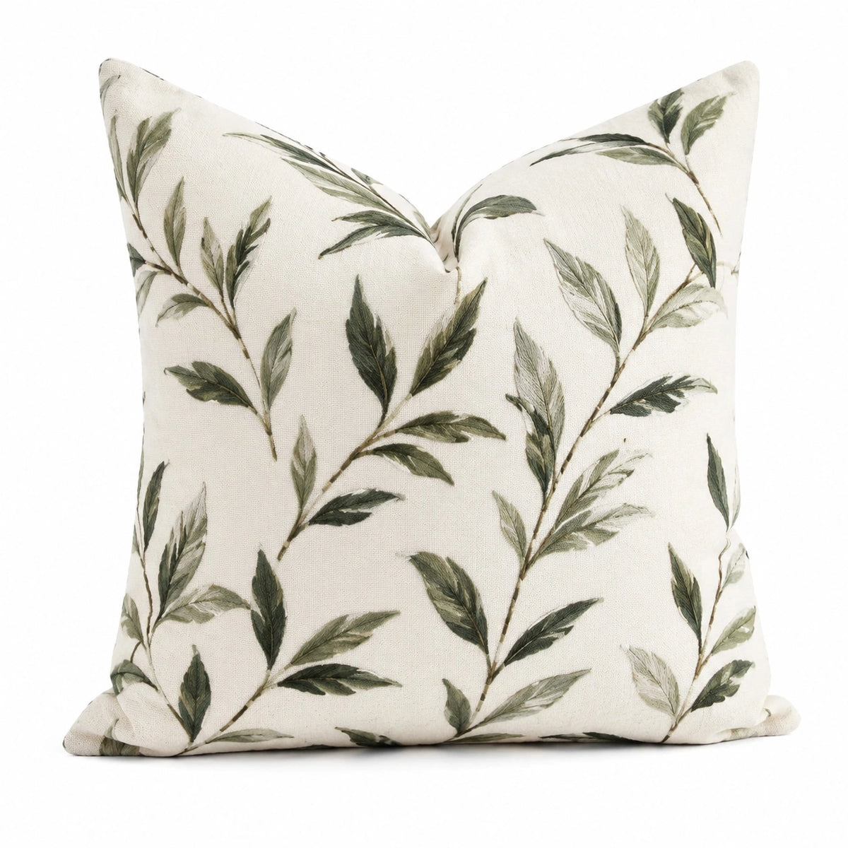 Cojín cuadrado 45 cm de tejido beige con hojas verdes estilo botánico