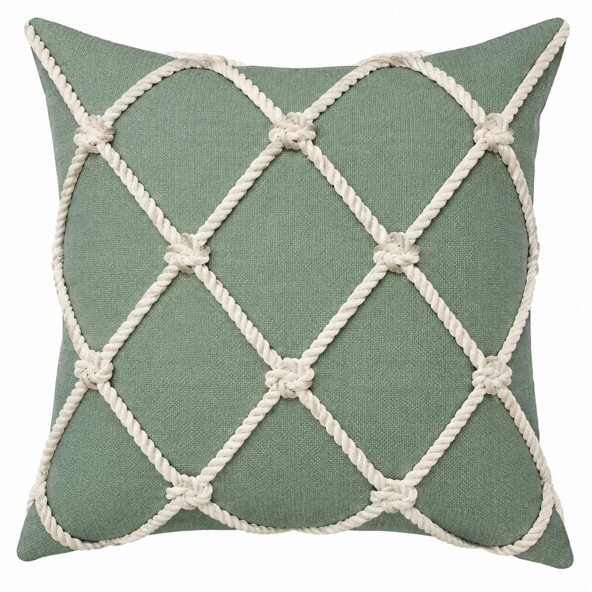 Cojín decorativo 45 x 45 cm de tejido verde con cordón blanco para sofá estilo náutico