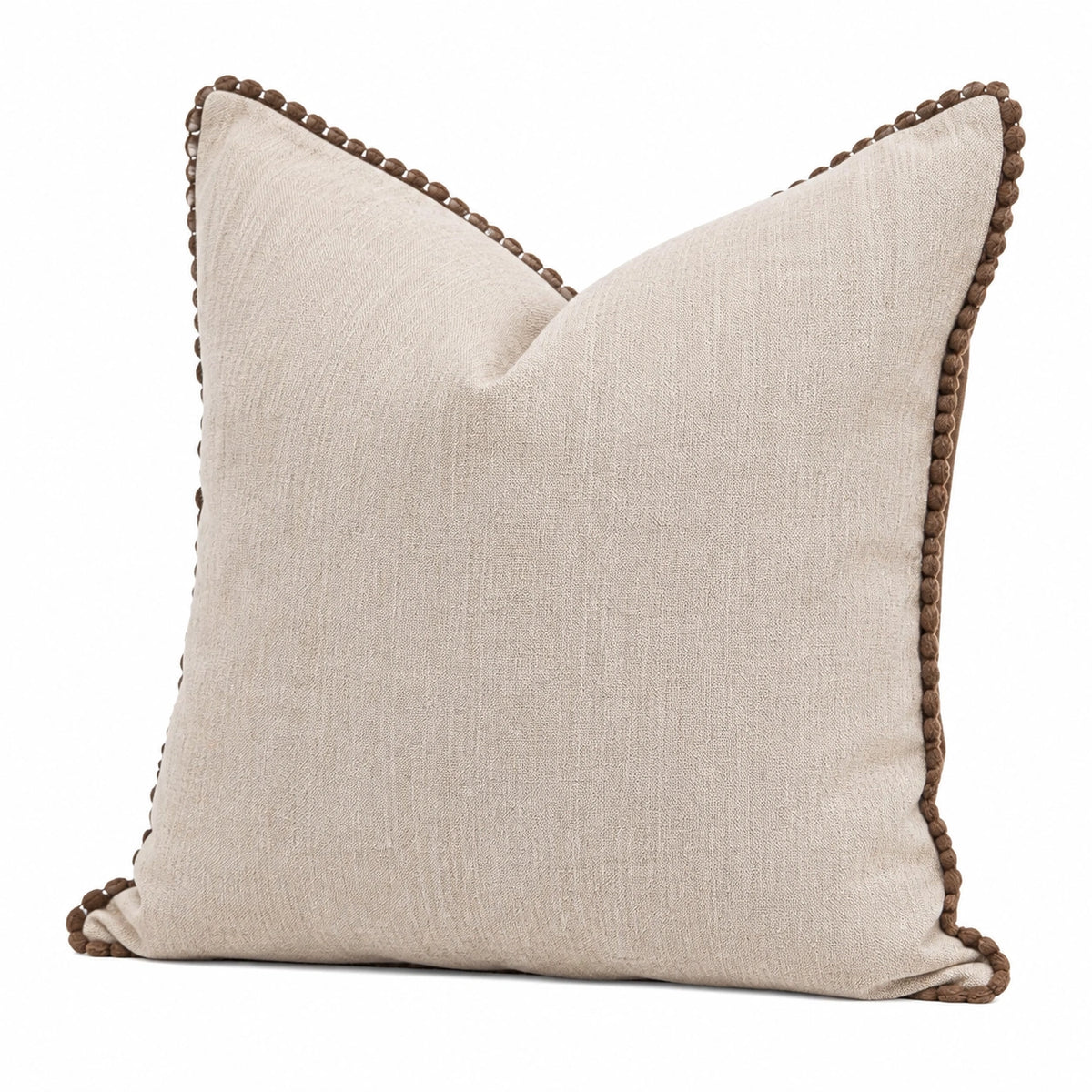 Cojín decorativo 50 x 50 cm beige con ribete marrón de tejido textura lino