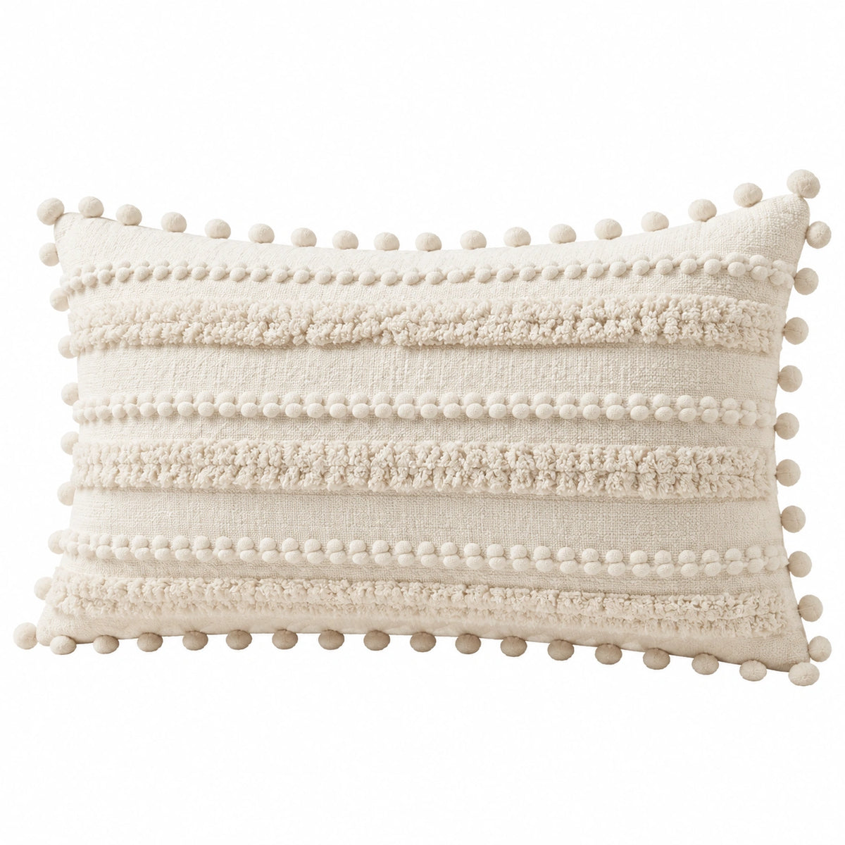 Cojín rectangular 50 x 30 cm de tejido beige con pompones estilo bohemio