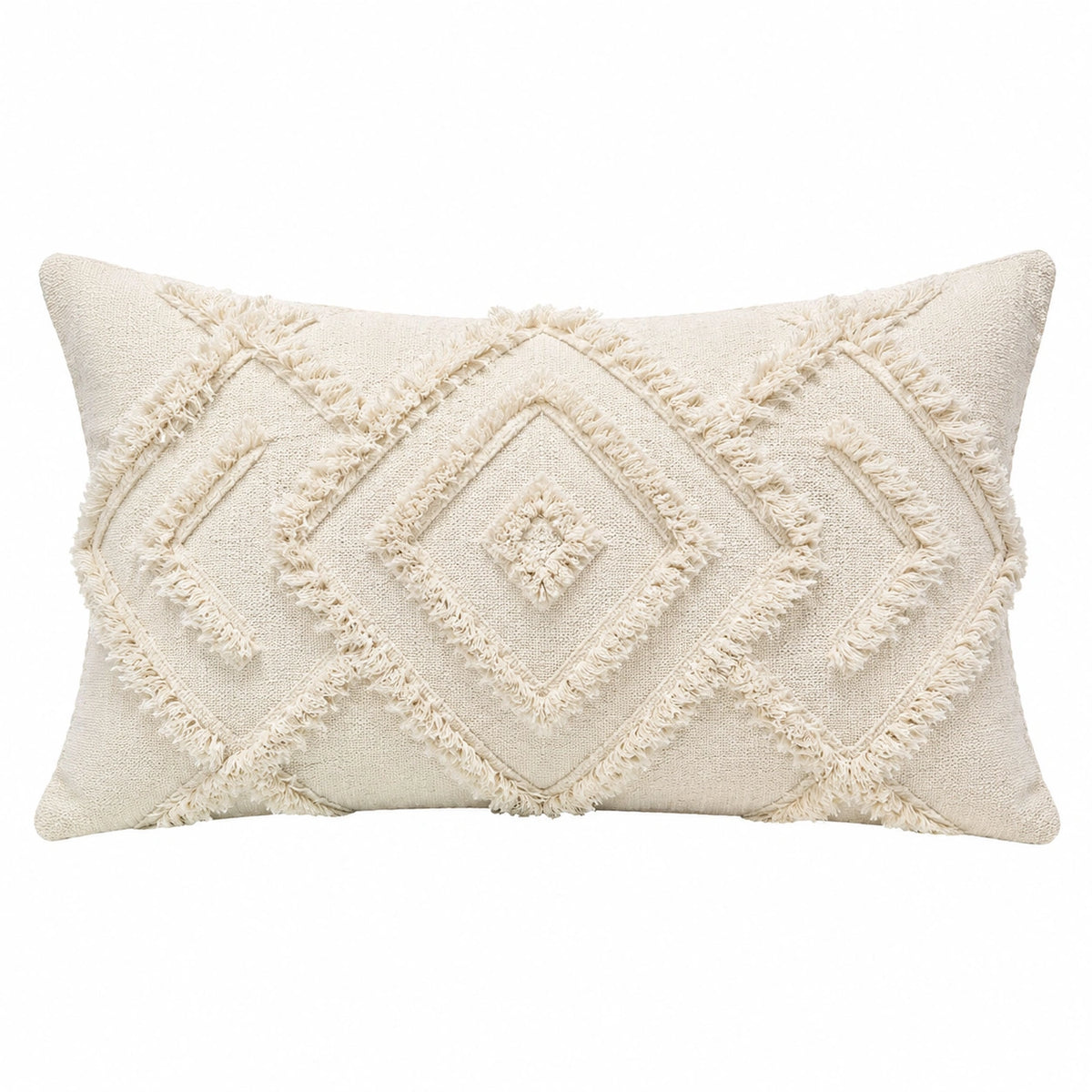 Cojín decorativo rectangular 50 x 30 cm de tejido crema con flecos estilo bohemio
