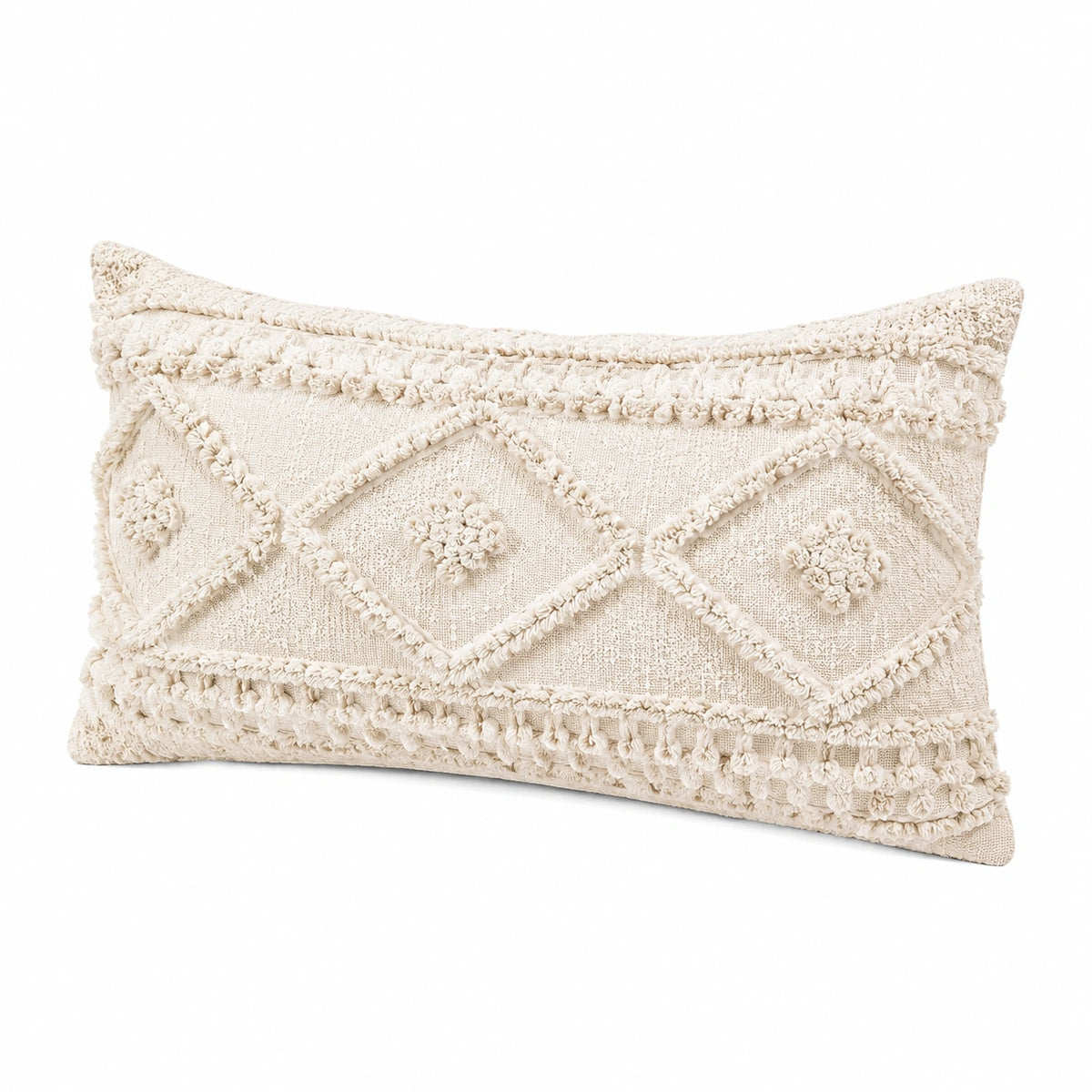 Cojín decorativo rectangular 50 x 30 cm de tejido beige con flecos estilo bohemio