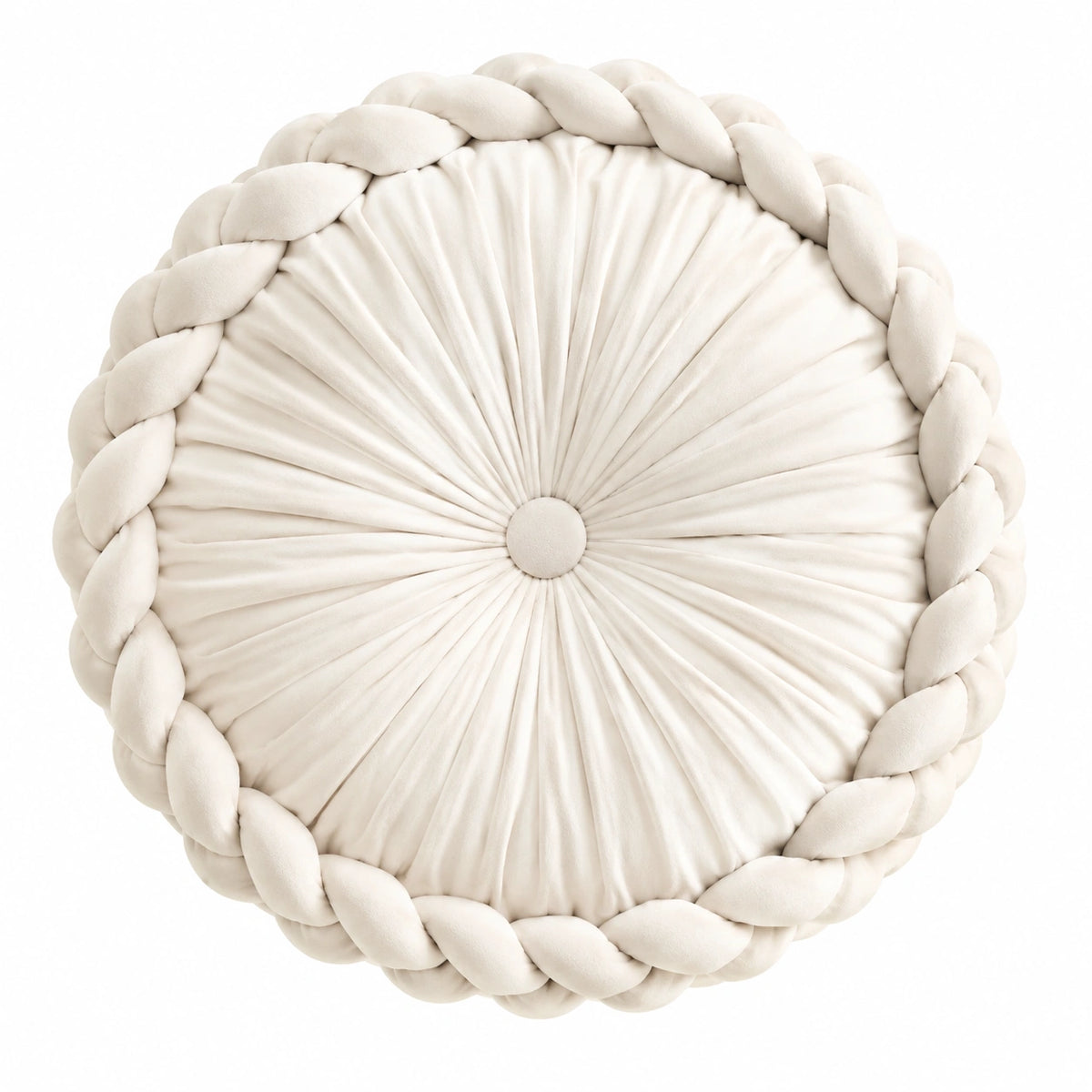 Cojín decorativo redondo 40 cm de terciopelo blanco con borde trenzado