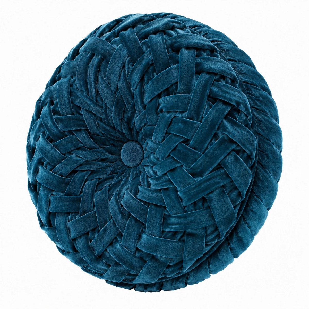 Cojín decorativo redondo de 45 cm en terciopelo azul trenzado