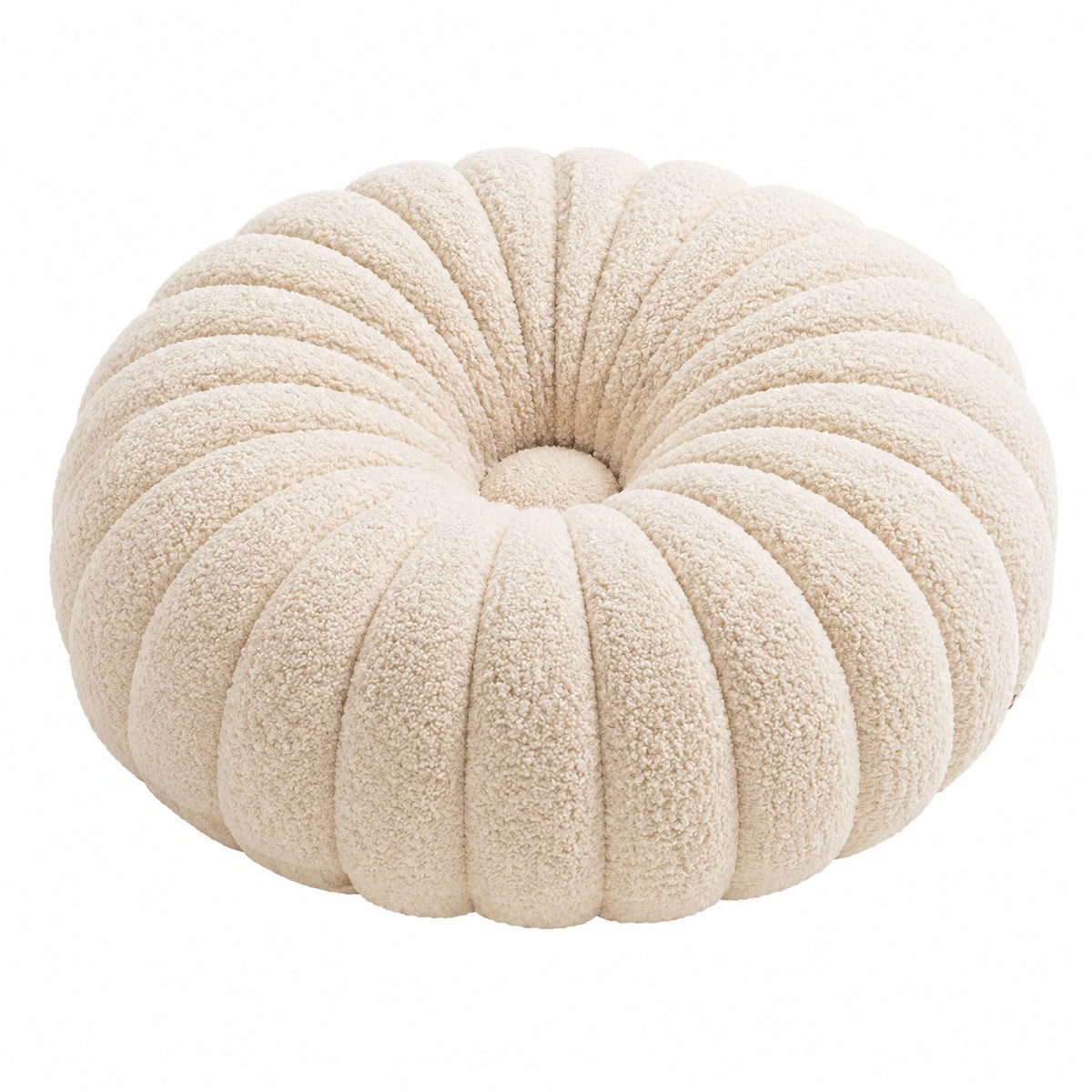 Cojín decorativo redondo 45 cm de tejido bouclé beige con diseño acanalado