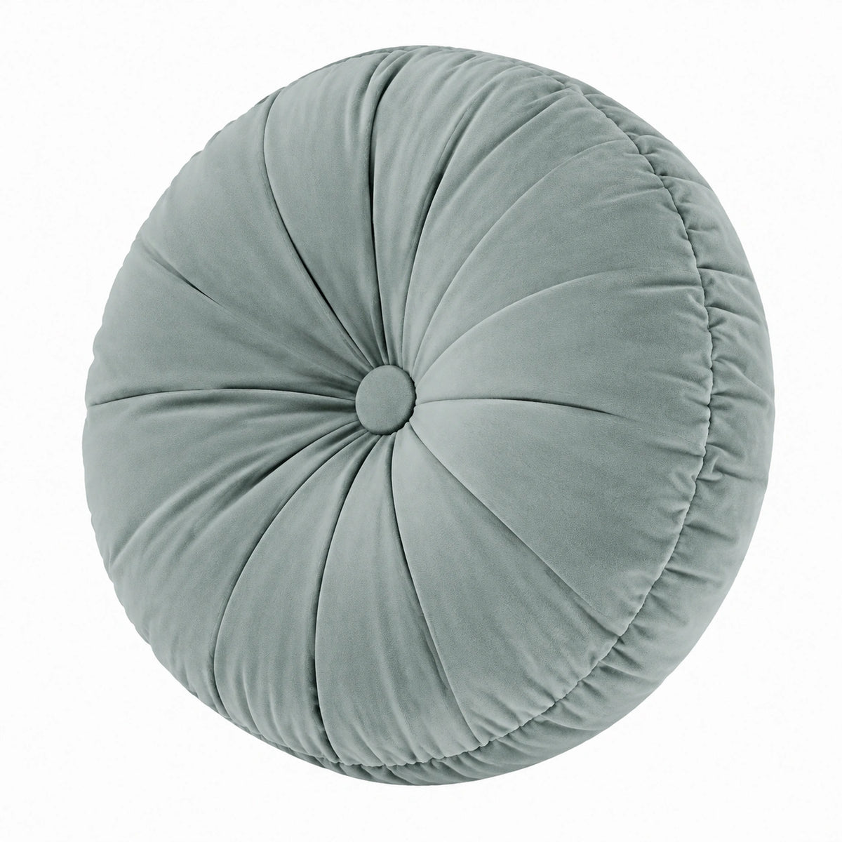 Cojín redondo 40 cm de tejido aterciopelado verde grisáceo con pliegues decorativos